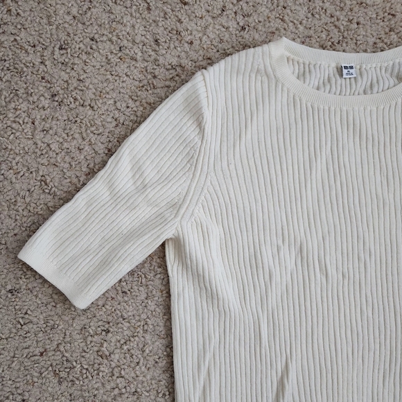 UNIQLO Ribbed Crew Neck Half Sleeved Ribbed Wool Top Ivory Size XL - Picture 3 of 8